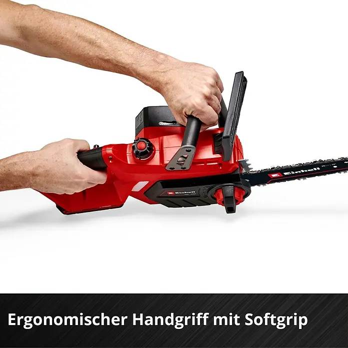 Einhell Power X-Change 18V Akku-Kettensäge GE-LC 18/25 Li Kit - 18 V, Li-Ionen, 3 Ah, 1 Akku, Schwertlänge: 25 cm - Aufsicht des Akku-Kettensäge mit ergonomischem Handgriff mit Softgrip.