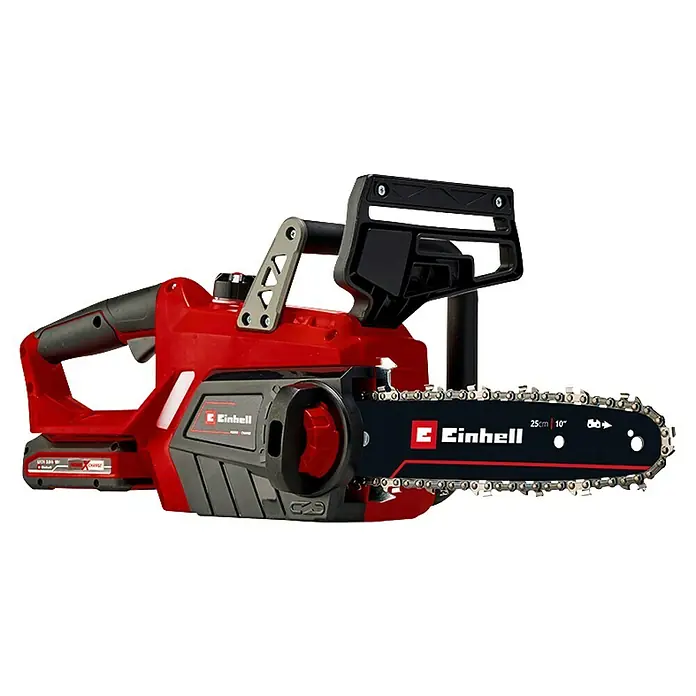 Einhell Power X-Change 18V Akku-Kettensäge GE-LC 18/25 Li Kit - 18 V, Li-Ionen, 3 Ah, 1 Akku, Schwertlänge: 25 cm - Bild einer roten Einhell Akku-Kettensäge, die Leistung und Präzision vereint. Ideal für den Garten- und Landschaftsbau, mit zuverlässiger Schneidleistung.