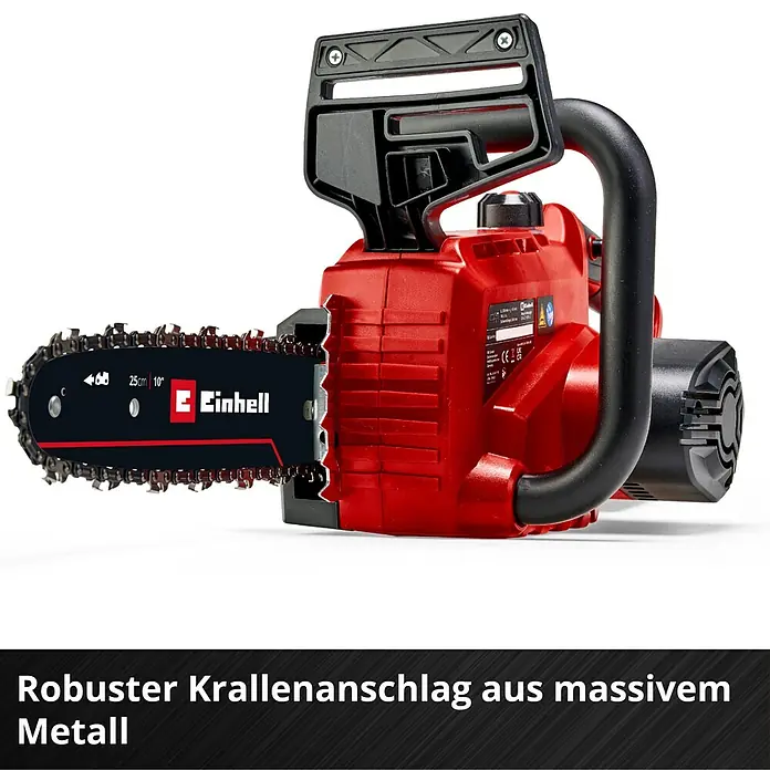 Einhell Power X-Change 18V Akku-Kettensäge GE-LC 18/25 Li Kit - 18 V, Li-Ionen, 3 Ah, 1 Akku, Schwertlänge: 25 cm - Einhell Akku-Kettensäge mit robustem Krallenanschlag aus massivem Metall für präzise Schnitte und hohe Sicherheit.
