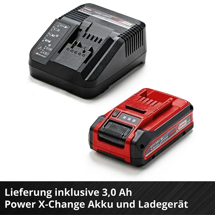 Einhell Power X-Change 18V Akku-Kettensäge GE-LC 18/25 Li Kit - 18 V, Li-Ionen, 3 Ah, 1 Akku, Schwertlänge: 25 cm - Akku-Ladegerät Set von Einhell Power X-Change mit einem 3,0 Ah Akku. Perfekt zum Aufladen und für kabellose Freiheit.