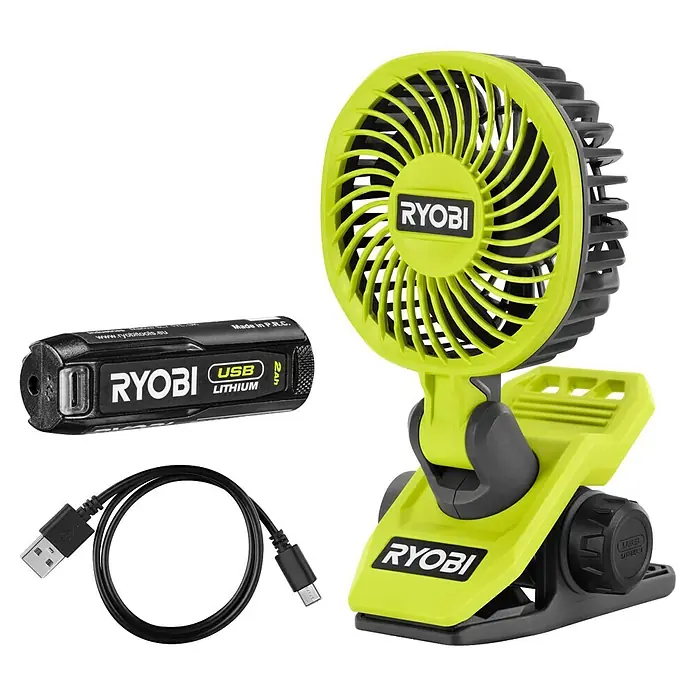 Ryobi 4V USB Akku-Ventilator RCF4-120G - 4 V, 1 Akku - Ryobi USB-betriebener Ventilator mit Akku, USB-Kabel und flexiblem Clip zur Befestigung, ideal für unterwegs oder den Schreibtisch.