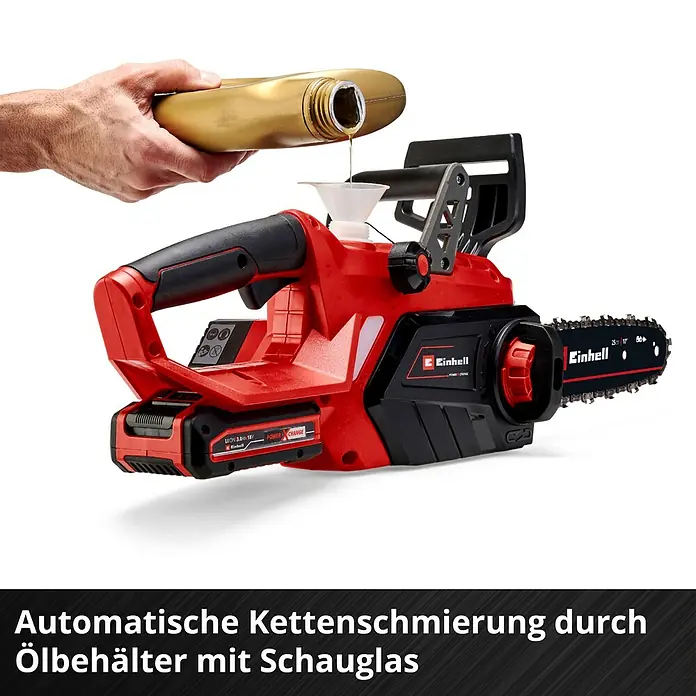 Einhell Power X-Change 18V Akku-Kettensäge GE-LC 18/25 Li Kit - 18 V, Li-Ionen, 3 Ah, 1 Akku, Schwertlänge: 25 cm - Automatische Kettenschmierung mit der Einhell Akku-Kettensäge. Öl wird in den Öltank mit Schauglas eingefüllt.