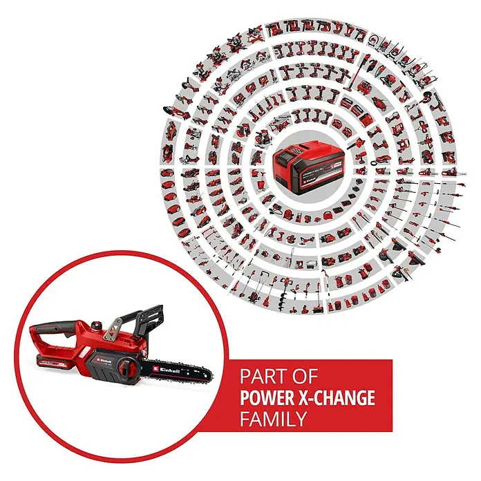 Einhell Power X-Change 18V Akku-Kettensäge GE-LC 18/25 Li Kit - 18 V, Li-Ionen, 3 Ah, 1 Akku, Schwertlänge: 25 cm - Ein rotes Akku-Kettensägen-Set von Einhell, Teil der Power X-Change Familie, präsentiert mit einer Vielzahl von Werkzeugen im Hintergrund.