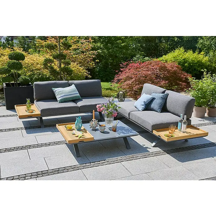 Sunfun Loungemöbel-Set Lumar II - 7 -tlg., Aluminium, Teak, Tisch groß, Night-Grey - Elegante graue Gartenmöbel-Sets mit Holztabletts, perfekt für entspannte Stunden im Freien. Inklusive Couchtisch und Dekoration.