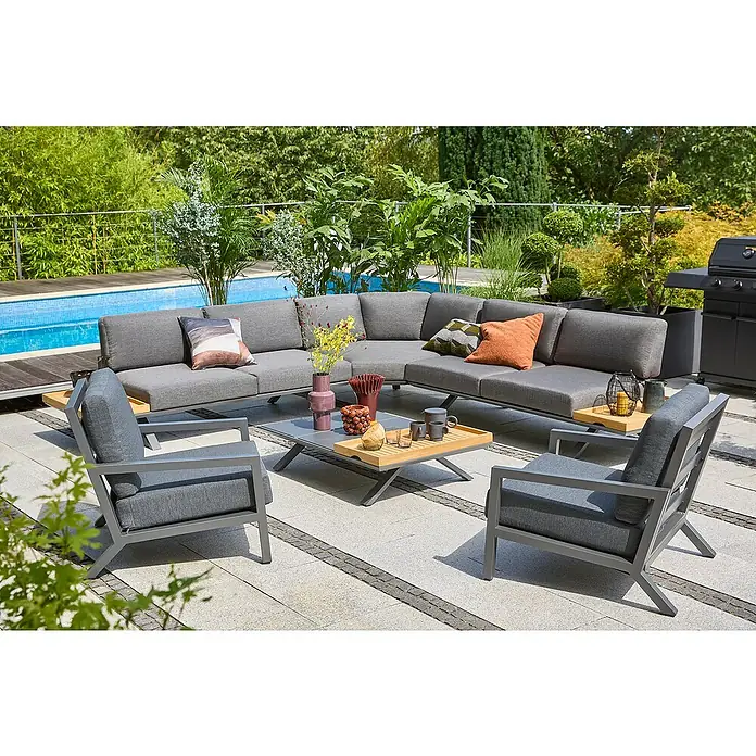 Sunfun Lumar Loungesofa-Eckelement - L x B x H: 115 x 115 x 68 cm, Aluminium, Night-Grey - Das graue Outdoor-Lounge-Set mit Ecksofa, Sesseln und Tisch bietet stilvollen Komfort für den Garten. Die modernen Möbel laden zum Entspannen ein.