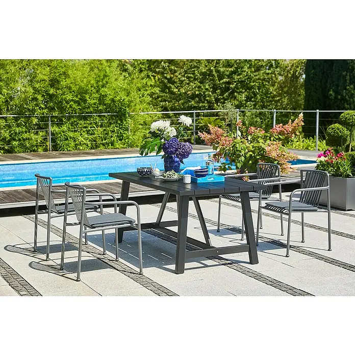 Sunfun Gartenmöbel-Set Melina/Sarah - 5 -tlg., Akazie/Stahl, Black Washed/Night-Grey - Gartenset mit Esstisch und Stühlen.