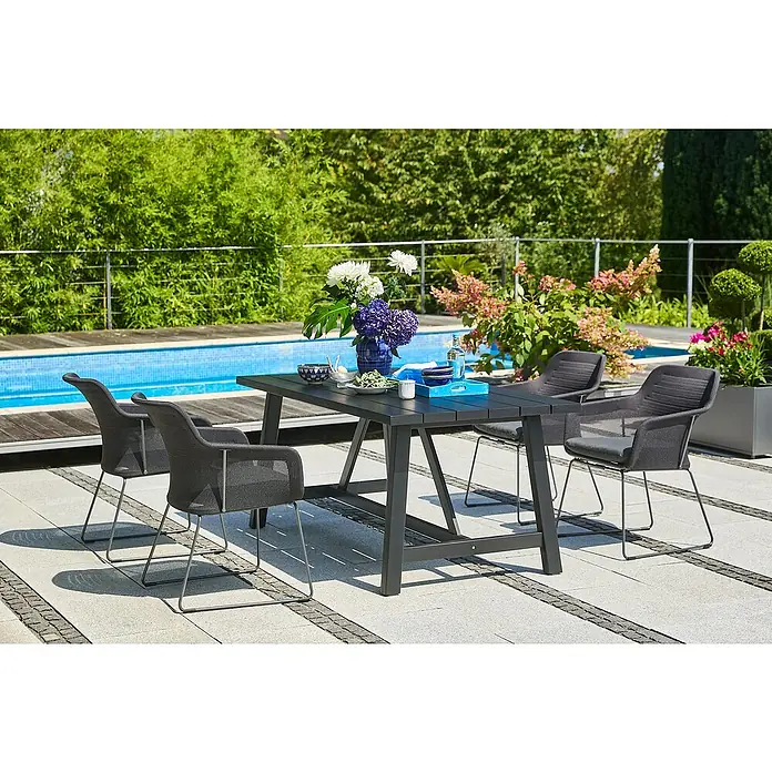 Sunfun Gartenmöbel-Set Melina - 5 -tlg., Akazie/Aluminium/Polyester, Black Washed/Night-Grey - Ein stilvoller Gartentisch mit passenden Stühlen, ideal für entspannte Stunden im Freien. Das Set zeichnet sich durch sein modernes Design aus.