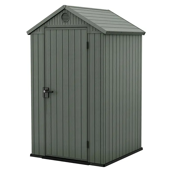 Keter Gartenhaus Darwin 4x4 - Außenmaß inkl. Dachüberstand (B x T): 125,8 x 117 cm, Kunststoff, Grün, 1,5 m² - Abbildung eines grauen Gerätehauses aus Kunststoff mit einer Tür und einem Giebeldach. Es ist robust und wetterfest.