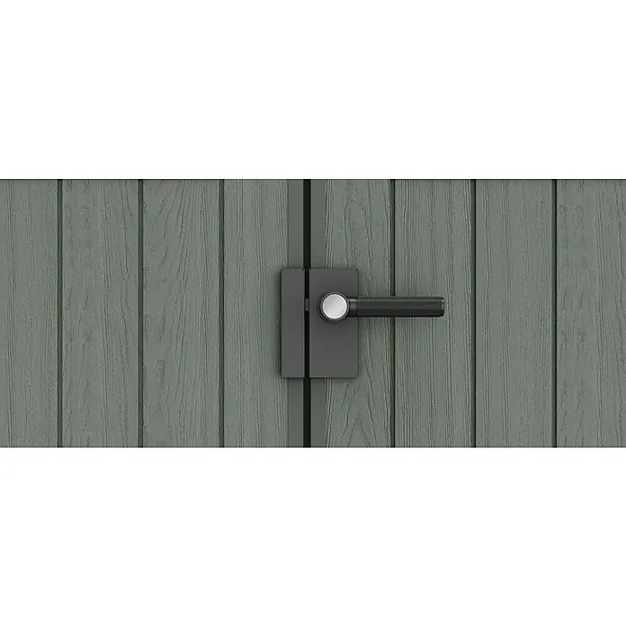 Keter Gartenhaus Darwin 4x4 - Außenmaß inkl. Dachüberstand (B x T): 125,8 x 117 cm, Kunststoff, Grün, 1,5 m² - Nahaufnahme eines modernen grauen Türgriffs an einer Holztür, der durch sein schlichtes Design und die hochwertige Verarbeitung besticht.