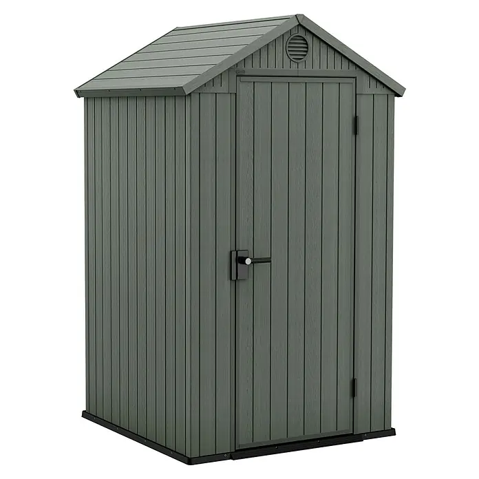 Keter Gartenhaus Darwin 4x4 - Außenmaß inkl. Dachüberstand (B x T): 125,8 x 117 cm, Kunststoff, Grün, 1,5 m² - Ein graues Gartenhaus mit senkrechten Paneelen, einem Satteldach und einer Tür mit Griff. Praktische Aufbewahrung für den Außenbereich.