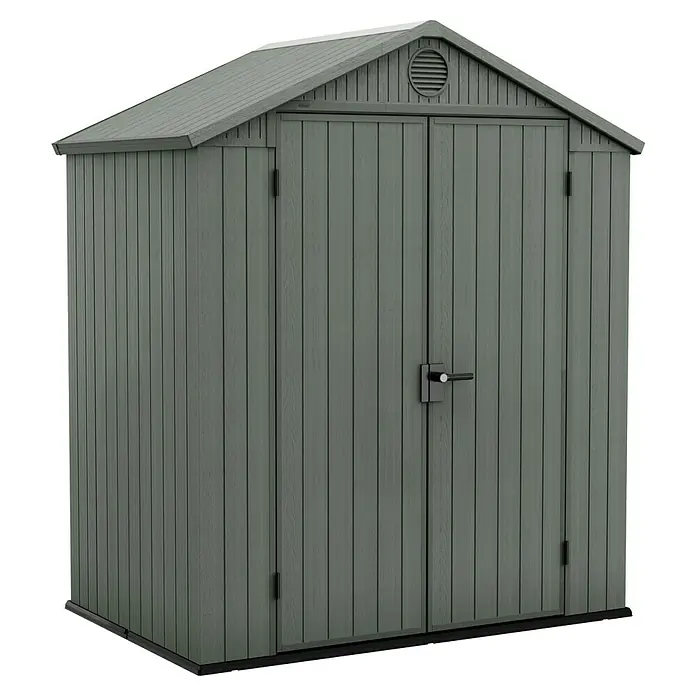 Keter Gartenhaus Darwin 6x4 - Außenmaß inkl. Dachüberstand (B x T): 190 x 122 cm, Kunststoff, Grün, 2,3 m² - Ein geräumiges Gerätehaus in Grau, ideal für die Aufbewahrung von Gartengeräten und -möbeln. Es verfügt über eine Doppeltür und ein Entlüftungsgitter.