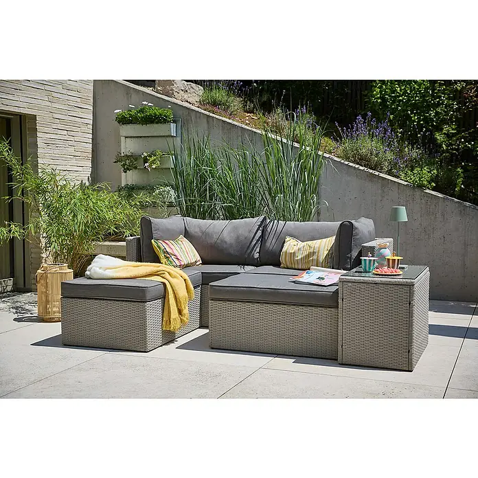 Loungemöbel-Set - 5 -tlg., Aluminium, Polyrattan, Anthrazit - Graue Gartenmöbel-Loungegruppe mit Couchtisch, Ottomane und Kissen im Freien, perfekt zum Entspannen und Genießen der Natur.