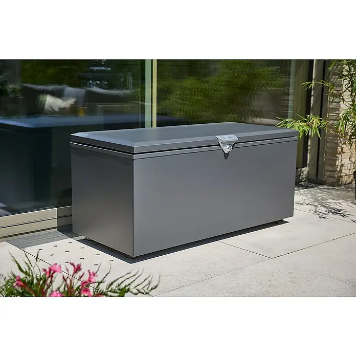 Sunfun Lumar Aufbewahrungsbox - L x B x H: 58 x 132 x 60 cm, Stahl, Night-Grey - Graue Aufbewahrungsbox aus Metall mit abschließbarem Deckel, ideal für Terrasse oder Garten zur Aufbewahrung von Gartenutensilien.