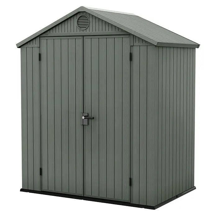 Keter Gartenhaus Darwin 6x4 - Außenmaß inkl. Dachüberstand (B x T): 190 x 122 cm, Kunststoff, Grün, 2,3 m² - Abbildung eines grauen Kunststoff-Gartenschuppens mit Doppeltüren und einem Giebeldach, ideal für die Lagerung im Freien.