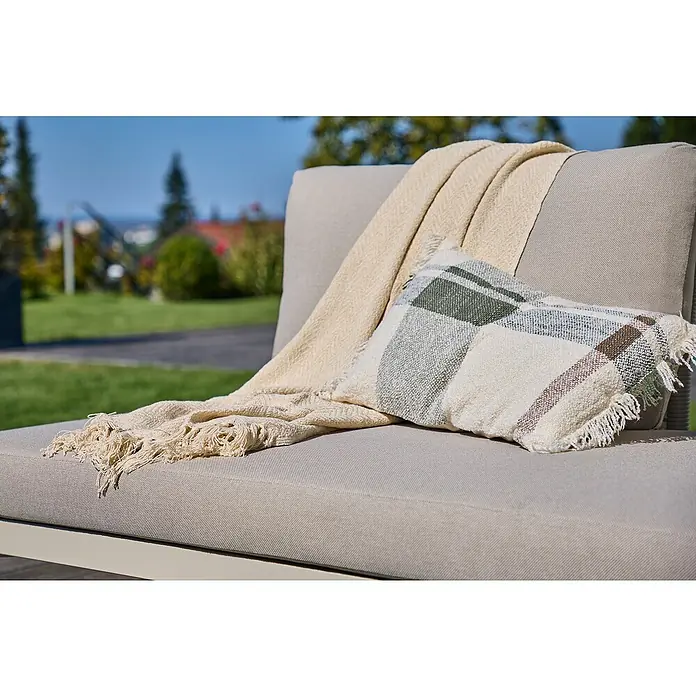 Sunfun Solo Rope Sofá de conjunto - An x Pr x Al: 167,5 x 86,5 x 66 cm - Tumbona beige de exterior con manta suave y cojín a cuadros para horas de relax en el jardín o en la terraza.
