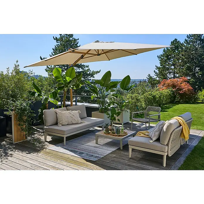 Sunfun Loungemöbel-Set Solo Rope/Capri I - 6 -tlg., Aluminium/Polyrattan/Olefin, Light-Greige - Einladende Gartensitzgruppe mit bequemen Polstermöbeln, einem stilvollen Couchtisch und einem Sonnenschirm für entspannte Stunden im Freien.