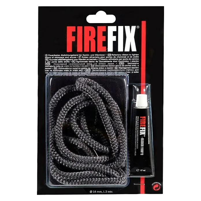 Firefix Ofendichtschnur - Ø x L: 14 mm x 2 m - Feuerfestes Dichtungsband-Set von FIREFIX zum Abdichten von Kamin- und Ofentüren, inklusive Spezialkleber für optimale Ergebnisse.