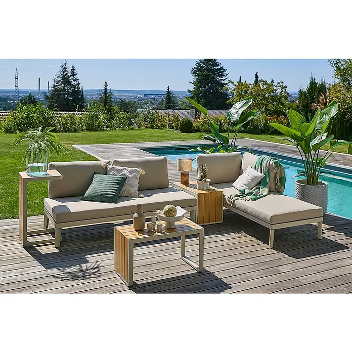 Sunfun Loungemöbel-Set Solo Rope XI - 5 -tlg., Aluminium/Kunststoff/Olefin, Light-Greige - Elegante Gartenmöbel-Lounge mit Sofa, Tisch und Liege vor Pool. Moderne Outdoor-Möbel für stilvolles Entspannen im Freien.
