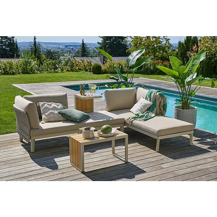 Sunfun Loungemöbel-Set Solo Rope XI - 4 -tlg., Aluminium/Kunststoff/Olefin, Light-Greige - Die Loungemöbel-Gruppe mit Tisch und Pflanzen bietet einen entspannten Platz im Freien, ideal für sonnige Tage am Pool.