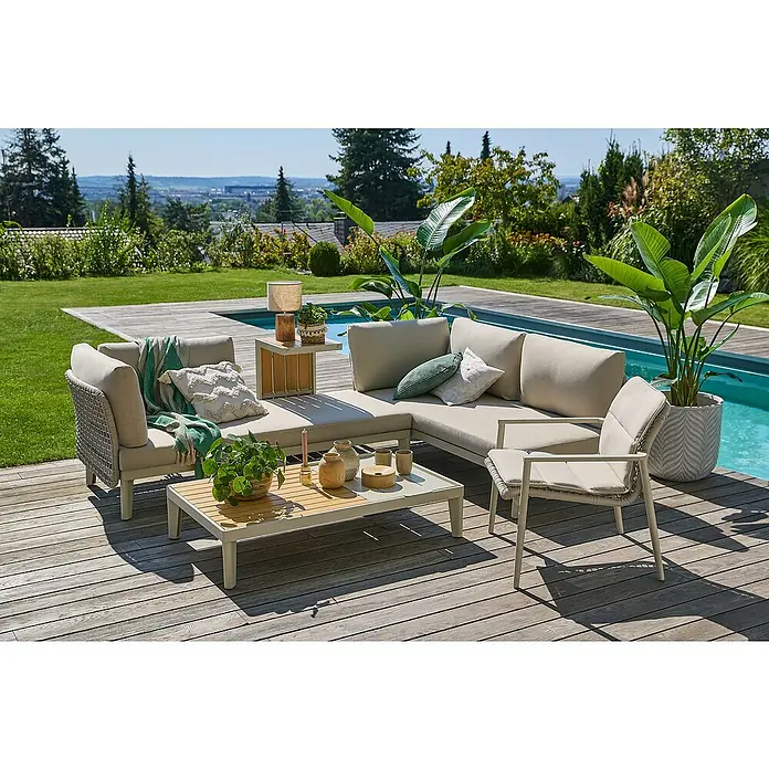 Sunfun Loungemöbel-Set Solo Rope VI - 7 -tlg., Aluminium/Polyrattan/Olefin, Light-Greige - Entspanne dich im Freien mit diesem stilvollen Loungeset. Das Set umfasst ein Ecksofa, einen Sessel und einen Couchtisch und bietet Komfort und Eleganz.