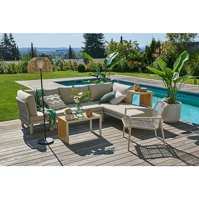Sunfun Loungemöbel-Set Solo Rope XVII - 6 -tlg., Aluminium/Polyrattan/Olefin, Light-Greige - Elegante Gartenmöbel-Sets mit Loungesofa, Couchtisch und Lampe für einen entspannten Außenbereich.