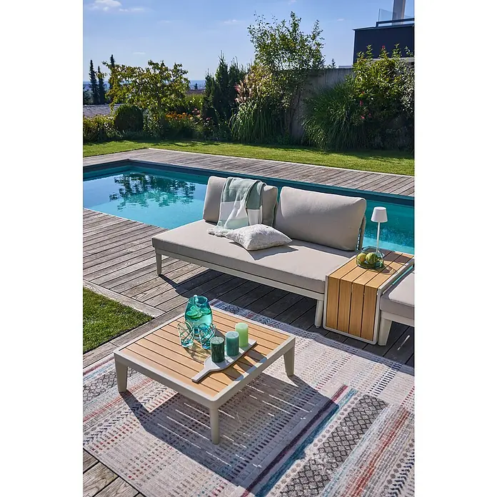 Sunfun Solo Rope Loungesofa - L x B x H: 167,5 x 86,5 x 66 cm, Aluminium, Light-Greige - Gartensessel mit stilvollem Beistelltisch, ideal für entspannte Stunden im Freien. Die Outdoor-Möbel ergänzen den Poolbereich perfekt.