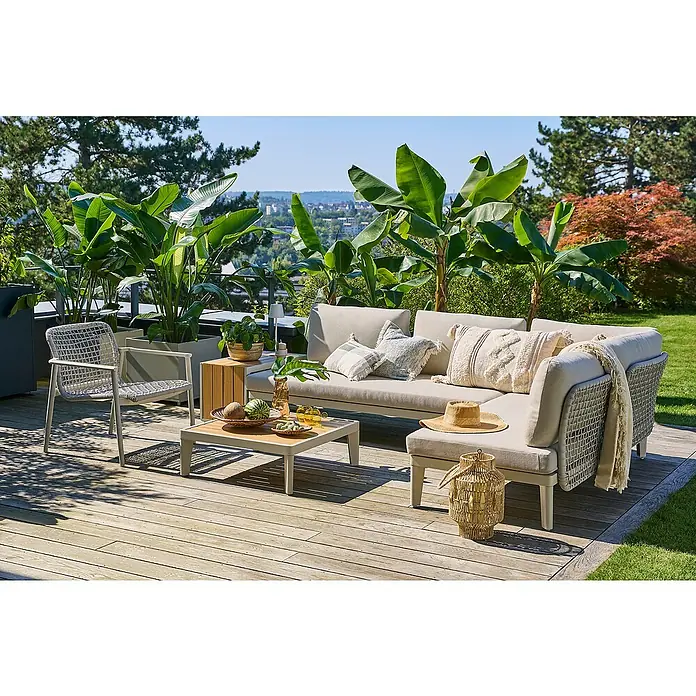 Sunfun Loungemöbel-Set Solo Rope IX - 6 -tlg., Aluminium/Polyrattan/Olefin, Light-Greige - Entspannen Sie sich stilvoll im Freien mit diesem modernen Outdoor-Lounge-Set mit bequemen Kissen, einem Tisch und einem dekorativen Design.