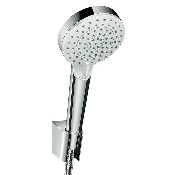 Hansgrohe Crometta Brause-Set Vario - Anzahl Funktionen: 2 Stk., Durchmesser Handbrause: 10 cm, Chrom, Weiß - Bild einer modernen Handbrause mit Wandhalterung, verchromt und mit runder Brausefläche für ein zeitgemäßes Badezimmerdesign.