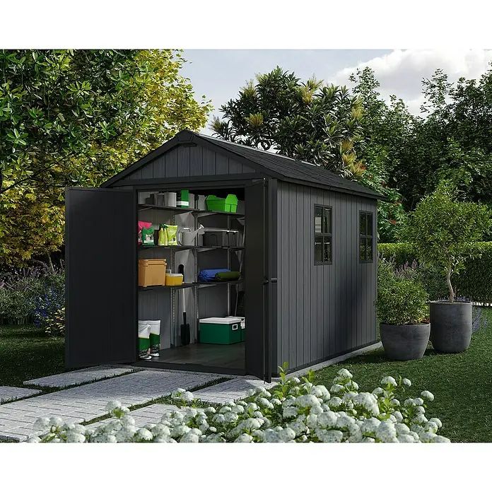 Keter Gerätehaus Newton Plus 759 - Außenmaß inkl. Dachüberstand (B x T): 230 x 287 cm, Kunststoff, Schiefergrau - Geräumiges Gartenhaus mit Regalen zur Aufbewahrung von Gartengeräten und Zubehör im Außenbereich.