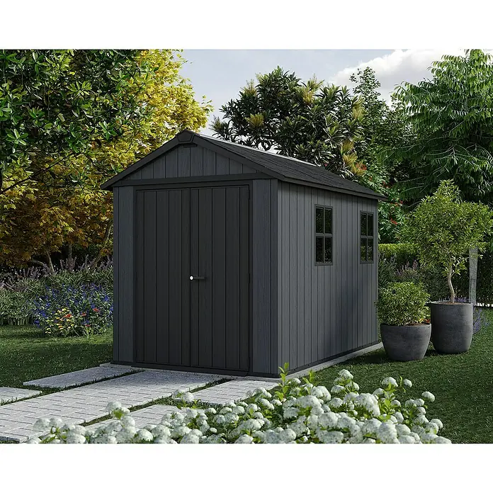 Keter Gerätehaus Newton Plus 759 - Außenmaß inkl. Dachüberstand (B x T): 230 x 287 cm, Kunststoff, Schiefergrau - Gartenhaus aus dunklem Holz mit zwei Fenstern und Doppeltür. Praktische Aufbewahrungslösung für den Außenbereich.