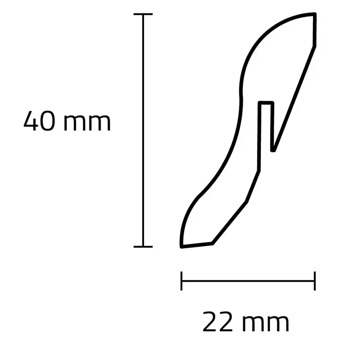 Sockelleiste - 240 x 2,2 x 4 cm, MDF - Profil mit S-förmiger Vorderseite und Befestigungshaken. Maße: 40 mm hoch, 22 mm breit.
