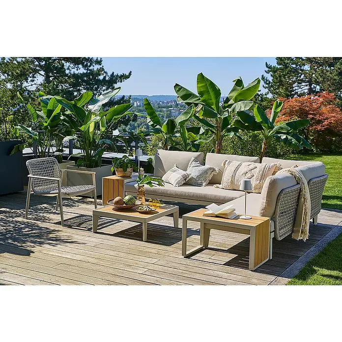Sunfun Loungemöbel-Set Solo Rope IX - 7 -tlg., Aluminium/Polyrattan/Olefin, Light-Greige - Einladende Gartengestaltung mit bequemer Outdoor-Lounge, stilvollen Beistelltischen und üppiger Bepflanzung für entspannte Stunden im Freien.
