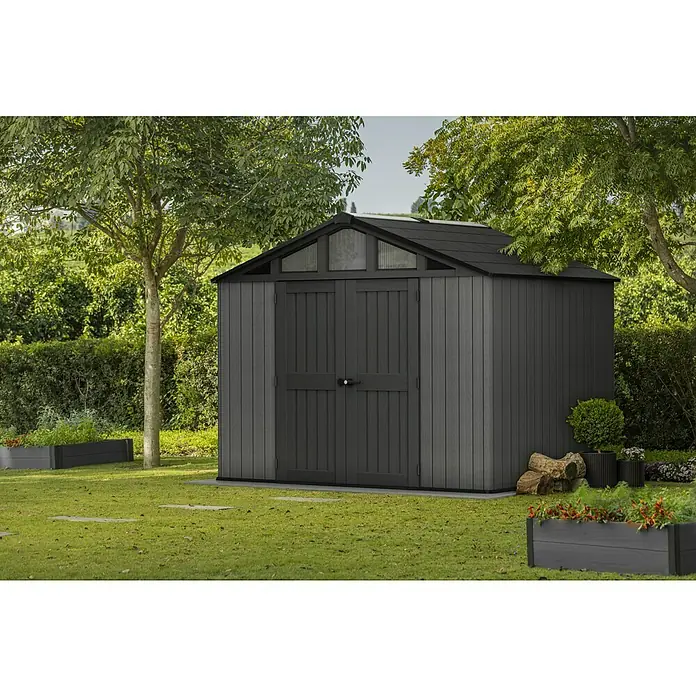 Keter Gerätehaus Stronghold 10x8 - Außenmaß inkl. Dachüberstand (B x T): 304 x 243 cm, Kunststoff, Grau - Eine elegante, moderne Gartengerätehauslösung, die durch Funktionalität und ein schlankes Design besticht, perfekt für jeden Garten.