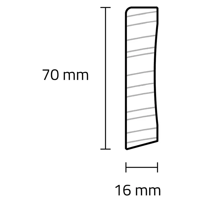 Sockelleiste - 240 x 1,6 x 7 cm, Kiefer, RAL 9016 - Technische Zeichnung eines Profils, 70 mm hoch und 16 mm breit, mit leicht gekrümmter Kante.