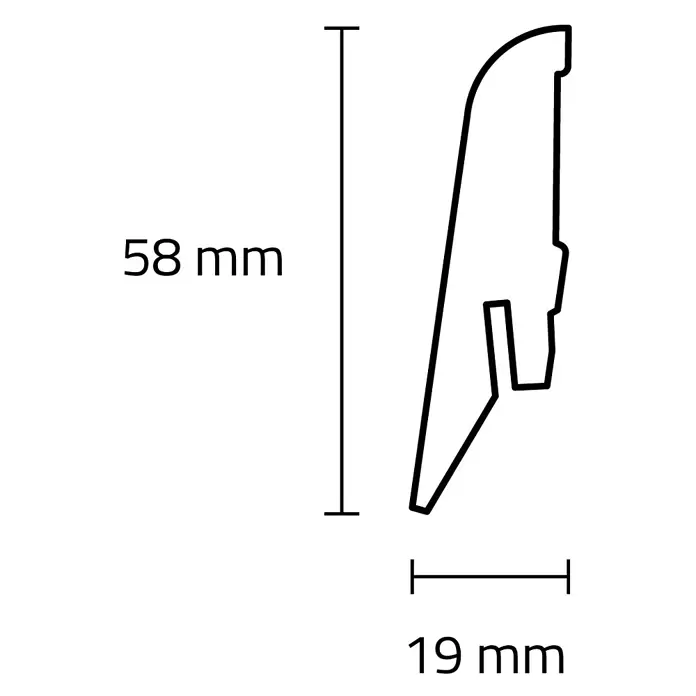 Sockelleiste - 240 x 1,9 x 5,8 cm, MDF - Schwarzer Umriss eines Profilquerschnitts, 58mm hoch und 19mm breit.