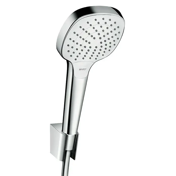 Hansgrohe Brause-Set Croma Select E Vario - Anzahl Funktionen: 3 Stk., Durchmesser Handbrause: 11 cm, Chrom, Weiß - Nahaufnahme eines modernen, verchromten Duschkopfes mit der Aufschrift "SELECT", der an einer Wandhalterung befestigt ist.