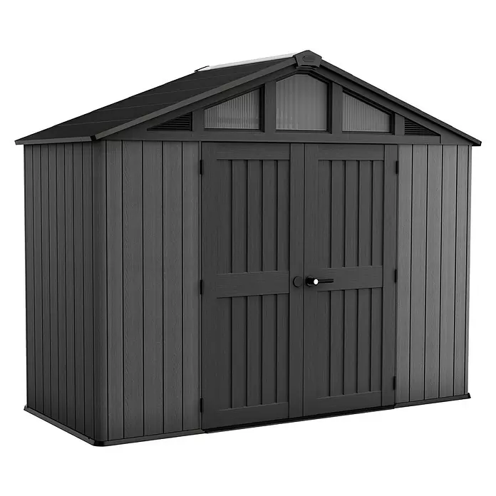 Keter Gerätehaus Stronghold 10x8 - Außenmaß inkl. Dachüberstand (B x T): 304 x 243 cm, Kunststoff, Grau - Dunkelgrauer Gartenhaus mit Holzoptik, schwarzem Dach, Doppeltüren und Giebelfenstern/-lüftung.