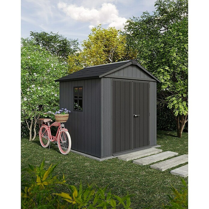 Keter Gerätehaus Newton Plus 757 (Außenmaß inkl. Dachüberstand (B x T): 230 x 223,8 cm, Kunststoff, Schiefergrau) | BAUHAUS