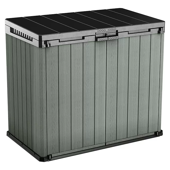 Keter Truhe Store it out Darwin - L x B x H: 80 x 140 x 118 cm, Grün, Kunststoff - Graugrüne Kunststoff-Gartenbox in Holzoptik mit schwarzem Lamellendeckel und Metallakzenten.