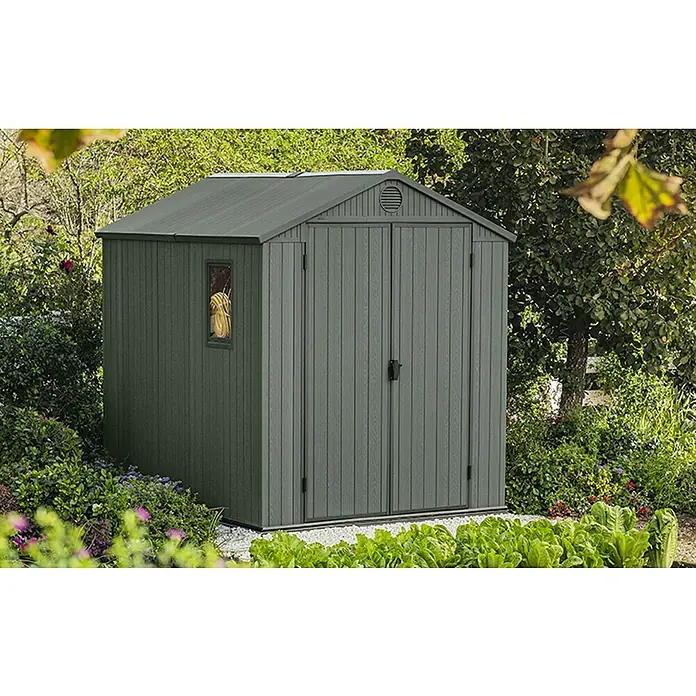 Keter Gartenhaus Darwin 6x8 - Außenmaß inkl. Dachüberstand (B x T): 190 x 244 cm, Kunststoff, Grün, 4,5 m² - Grauer Gartenschuppen aus Kunststoff mit Doppeltür und kleinem Fenster im Grünen. Ideal zur Aufbewahrung von Gartengeräten und -möbeln.