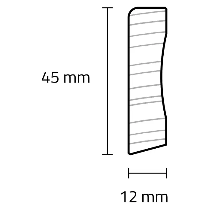 Sockelleiste - 240 x 1,2 x 4,5 cm, Kiefer, RAL 9016 - Querschnitt eines Zierleistenprofils: 45 mm hoch, 12 mm dick, mit gekrümmter Vorderseite.