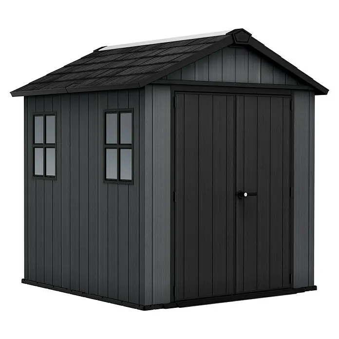 Keter Gerätehaus Newton Plus 757 - Außenmaß inkl. Dachüberstand (B x T): 230 x 223,8 cm, Kunststoff, Schiefergrau - Schwarzes Gartenhaus aus Kunststoff mit Doppeltür und zwei Fenstern, ideal für die Aufbewahrung von Gartengeräten und -möbeln.