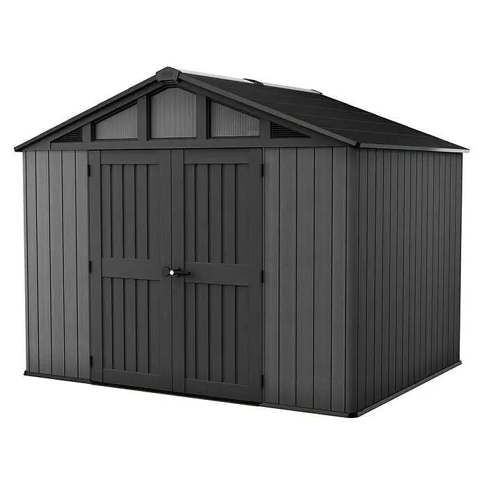 Keter Gerätehaus Stronghold 10x8 - Außenmaß inkl. Dachüberstand (B x T): 304 x 243 cm, Kunststoff, Grau - Dunkelgrauer Geräteschuppen aus Holzimitat-Kunststoff mit Doppeltüren und Dachfenstern.