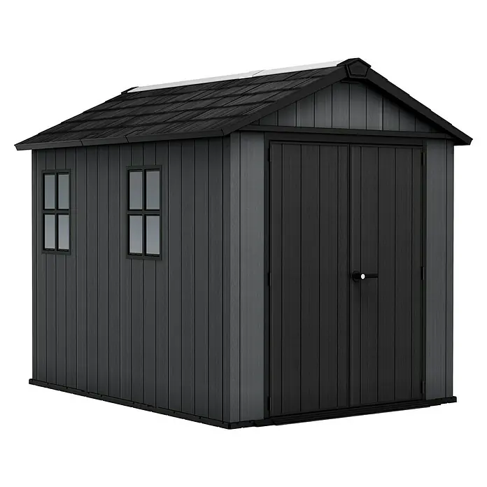 Keter Gerätehaus Newton Plus 759 - Außenmaß inkl. Dachüberstand (B x T): 230 x 287 cm, Kunststoff, Schiefergrau - Bild eines modernen grauen Gartenschuppens mit Doppeltür und zwei Fenstern. Ideal für die Aufbewahrung im Freien.