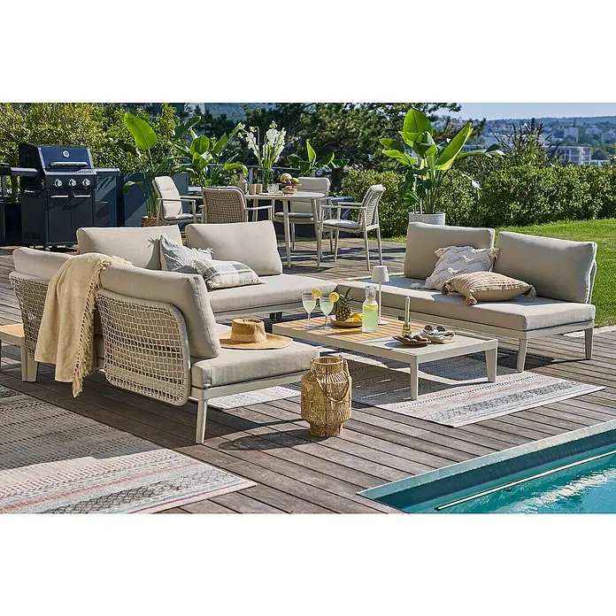 Sunfun Solo Rope Loungesofa - L x B x H: 167,5 x 86,5 x 66 cm, Aluminium, Light-Greige - Einladende Outdoor-Lounge mit bequemen Sofas, Tisch und Grill, ideal für entspannte Stunden im Freien. Elegantes Design für Garten und Terrasse.