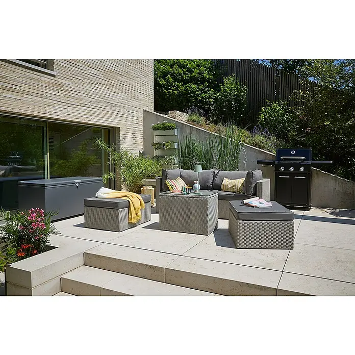Loungemöbel-Set - 5 -tlg., Aluminium, Polyrattan, Anthrazit - Einladende Gartengestaltung mit grauer Lounge-Garnitur, Grill und Aufbewahrungsbox für entspannte Stunden im Freien. Stilvoll und praktisch.