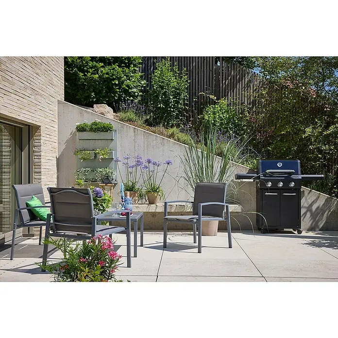 Loungemöbel-Set - 4 -tlg., Metall/Textil, Schwarz/Grau - Der stilvolle Gartengrill und die Sitzgruppe schaffen eine einladende Atmosphäre für entspannte Stunden im Freien.