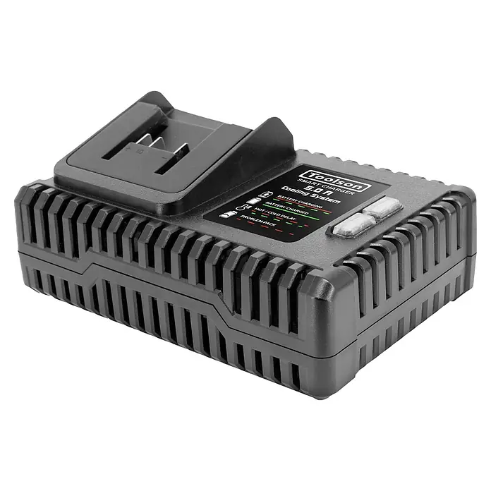 Toolson PRO Cargador de baterías L20 - Capacidad: 2 Ah - 5 Ah - Imagen de un cargador inteligente Toolson 5.0 A con sistema de refrigeración, un cargador para baterías de herramientas.