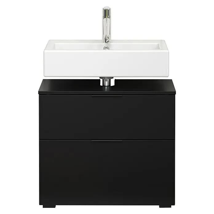 Riva Waschtischunterschrank Space - B x T x H: 65 x 32 x 57 cm, Schwarz, Matt - Schwarzer Waschtischunterschrank mit modernem, rechteckigem Aufsatzwaschbecken und Armatur für stilvolles Badezimmerdesign.