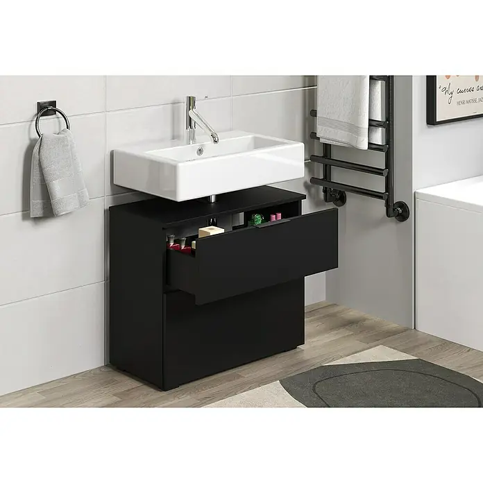 Riva Waschtischunterschrank Space - B x T x H: 65 x 32 x 57 cm, Schwarz, Matt - Modernes Badezimmerwaschbecken mit schwarzem Unterschrank und offenem Schubfach zur Aufbewahrung von Badartikeln.